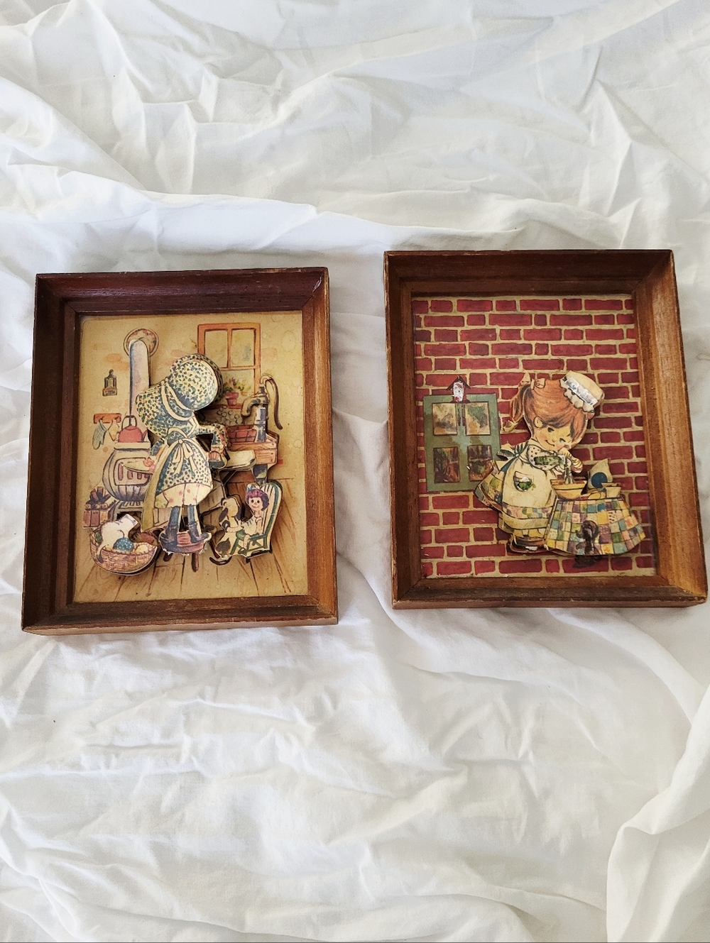 Pair Of Vintage 1970s Layered Paper Art Shadow Boxes, Holly Hobbie style